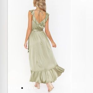 MEDIUM Samantha Ruffle Wrap Dress - Moss Green Luxe Satin - Show Me Your MuMu